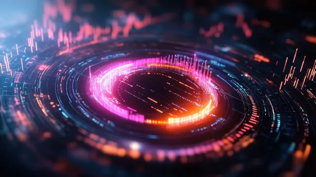 Glowing neon circular interface with vertical data bars over a futuristic dark network backdrop