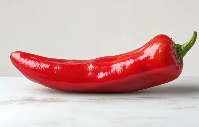 A single glossy red chili pepper with green stem lies on a plain white surface.