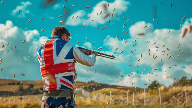 British double trap shooter blasts clay targets, with shells and dust flying across an outdoor range.