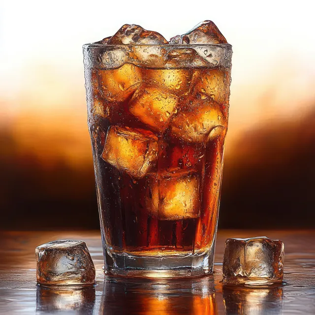 Close-up dark soda in a glass with melting ice cubes and condensation on reflective surface