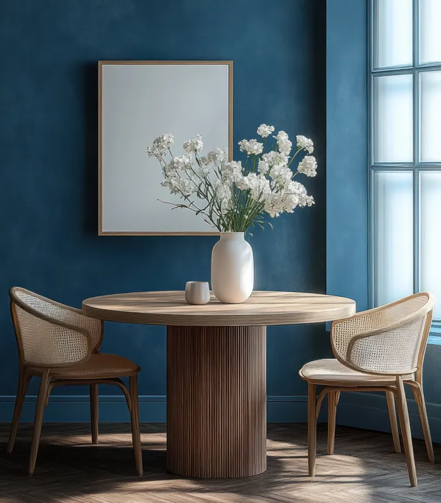 Minimalist dining nook with round wooden table, small vase of white flowers, two chairs, and blue walls lit by window daylight.