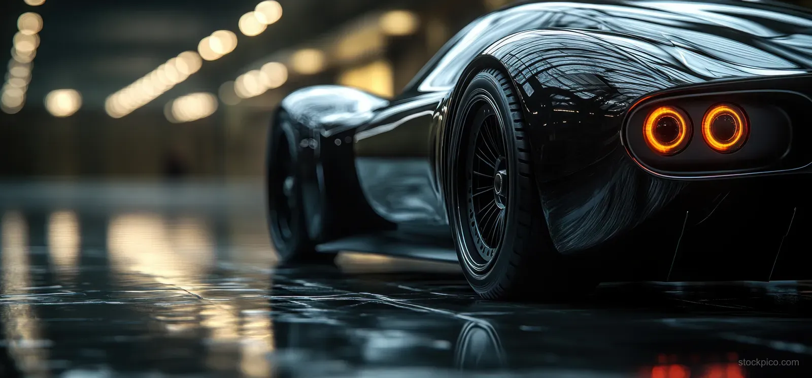 Rear view of a black sports car drifting on a wet night street with glowing tail lights.