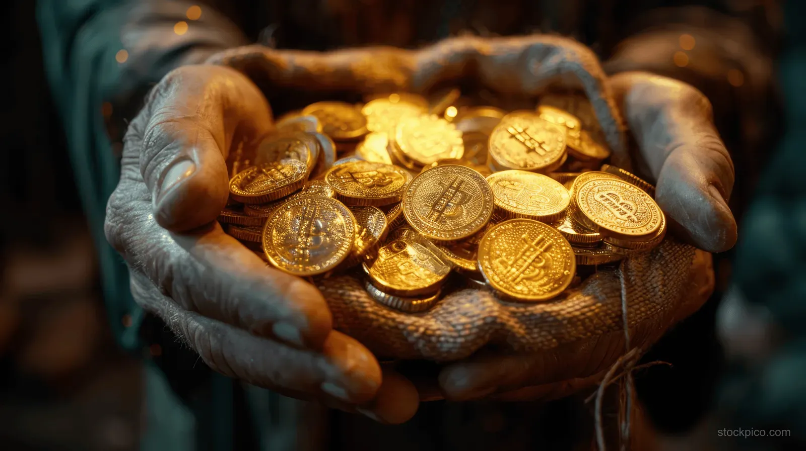 Gloved hands hold a sack overflowing with gold coins under warm light against a dark background.