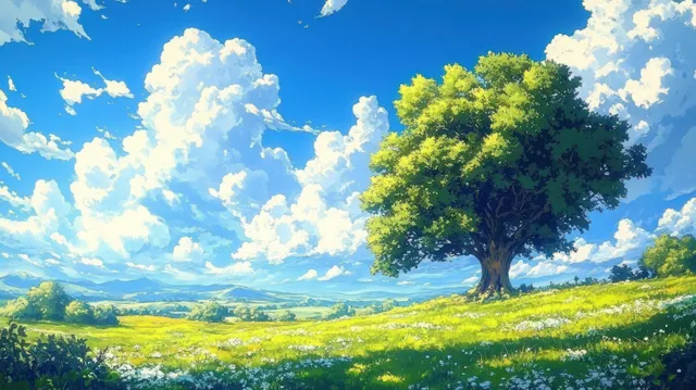 Solitary leafy tree casting shade in a sunlit meadow of white wildflowers