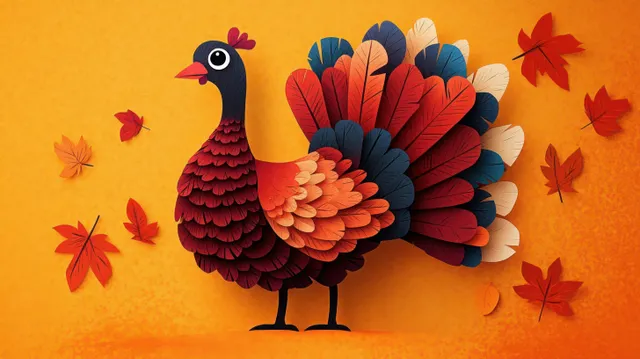 A stylized bird with layered autumn feathers stands on an orange background as red and orange maple leaves fall around it.