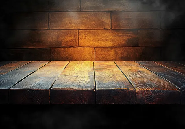 Weathered wooden planks are illuminated by warm amber light against a textured brick wall backdrop.