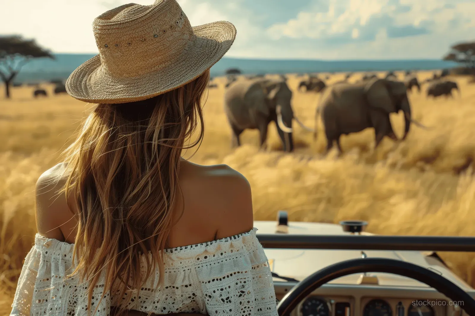 Woman in straw hat rides in an open safari jeep while elephants graze across the savanna at sunset.