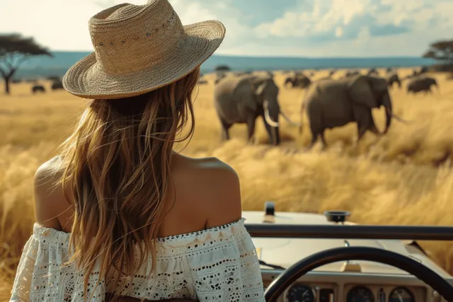 Woman in straw hat rides in an open safari jeep while elephants graze across the savanna at sunset.