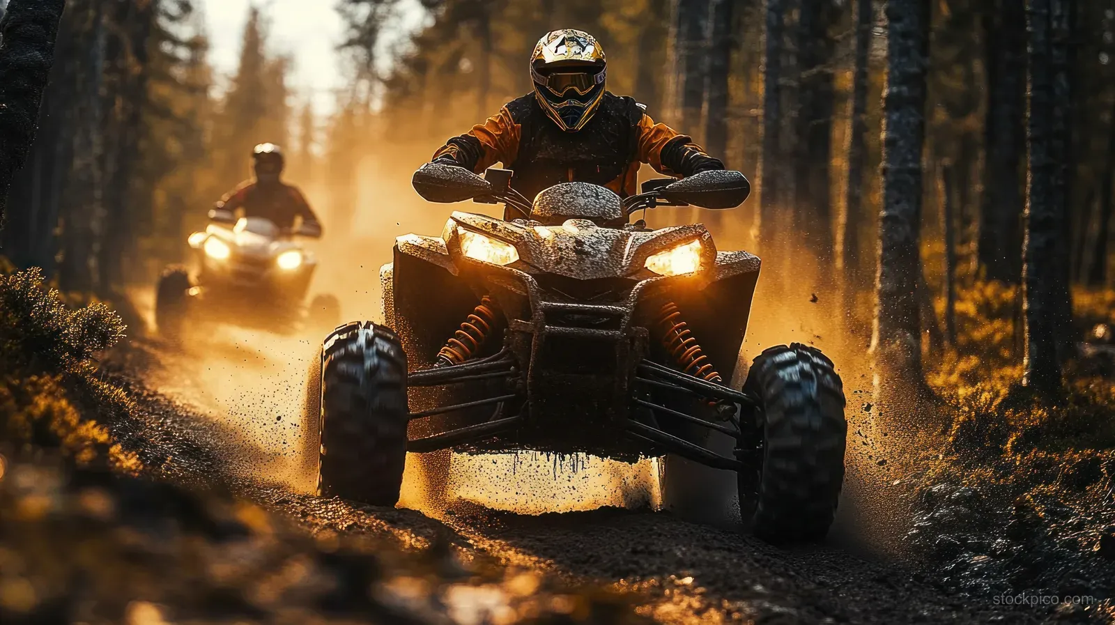 Two ATV riders speed along a muddy forest trail at sunset, kicking up dirt and dust.