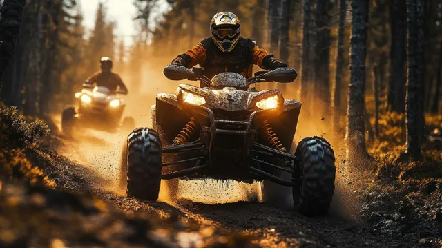 Two ATV riders blasting along a forest trail, dirt spray and golden sunset beams