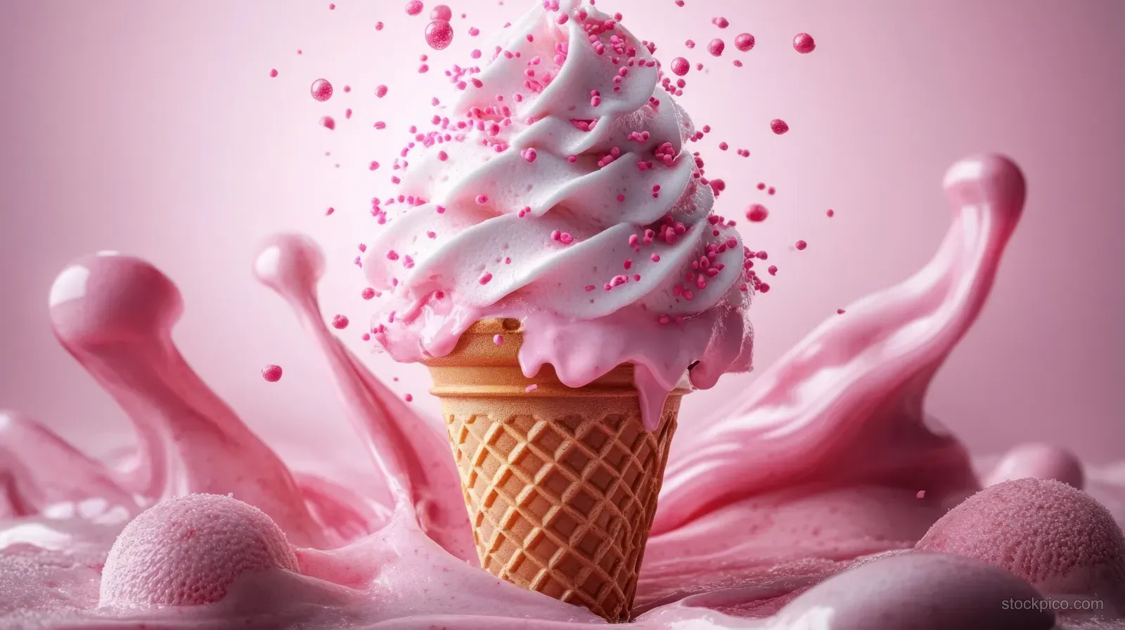 Pink soft-serve ice cream cone splashes into creamy pink liquid with sprinkles against a pink background.
