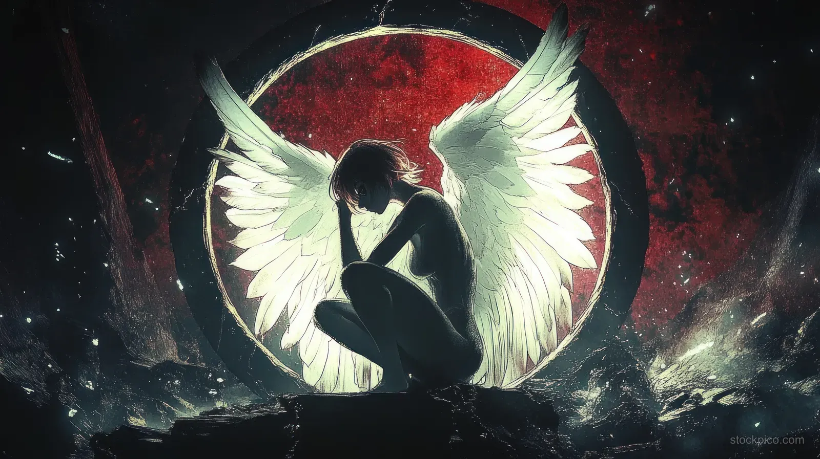 A crouching angel silhouette with white wings sits in a stone circular frame under red backlighting and dark smoky textures.