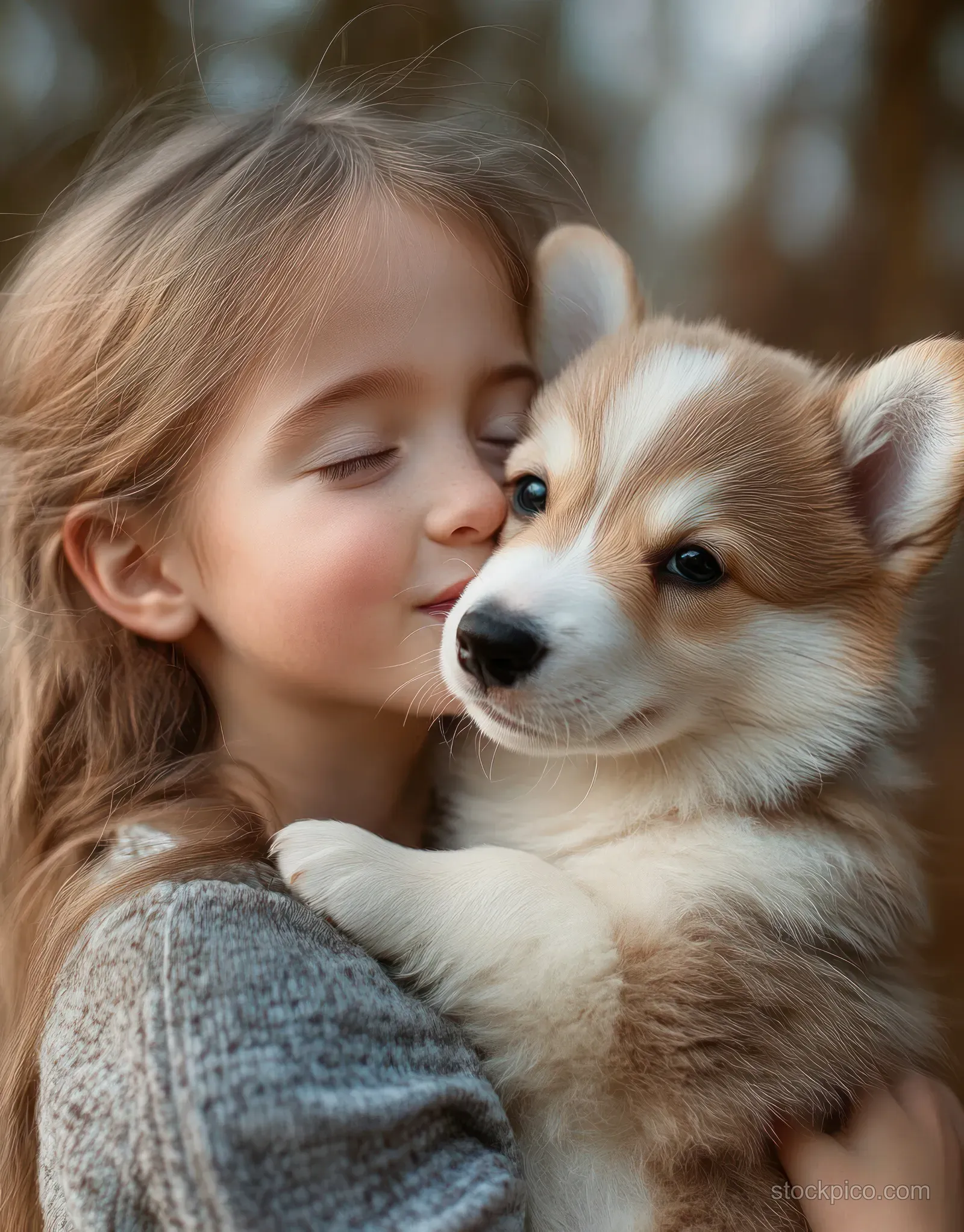Young girl cuddles and kisses a fluffy puppy she holds outdoors in soft natural light.