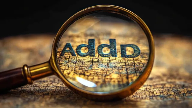 Antique magnifying glass magnifies the word addd on a cracked, aged paper surface