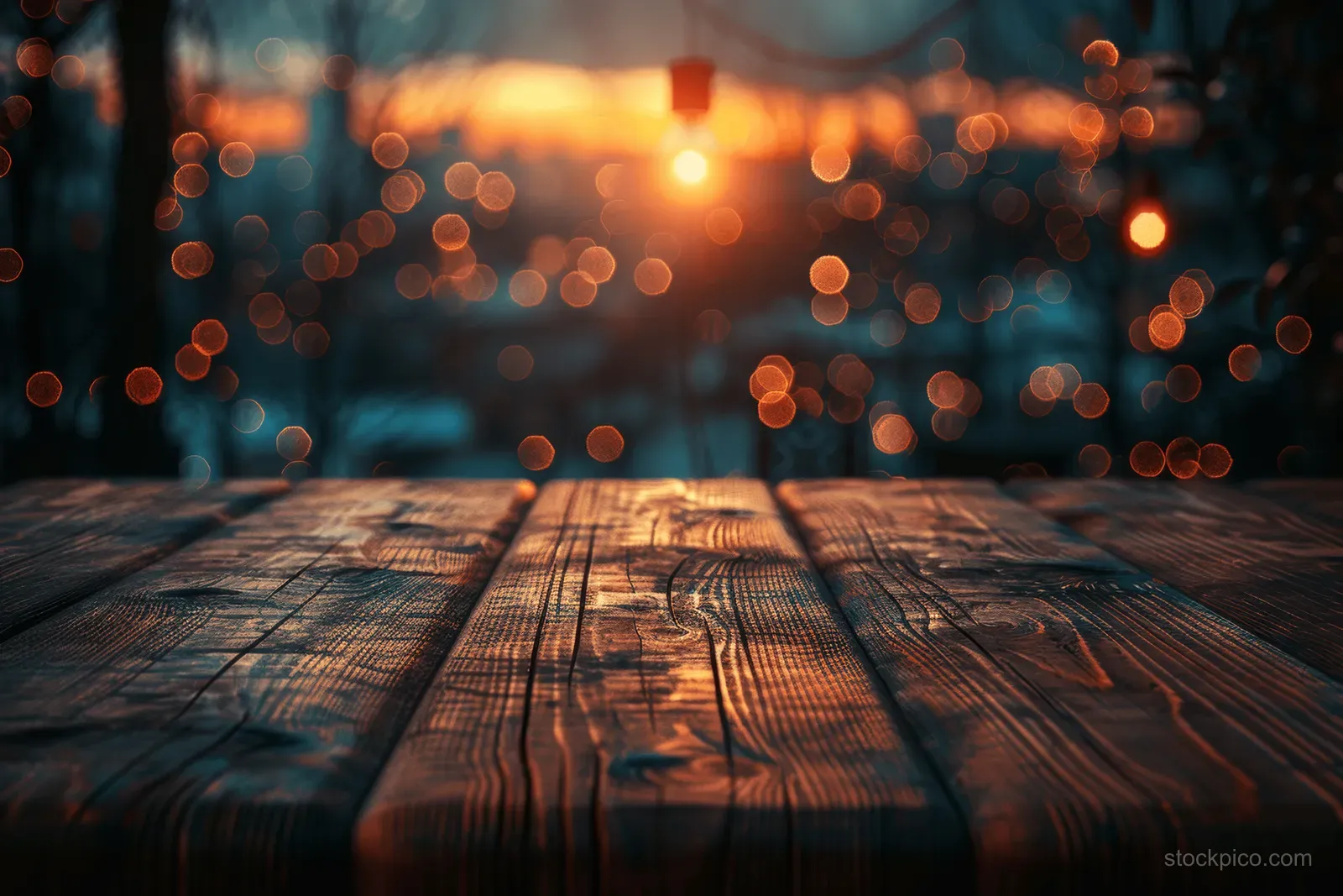 Empty wooden table top in the foreground with warm blurred bokeh lights behind it.