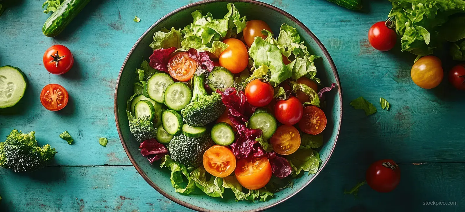 Mixed salad in a metal bowl with lettuce, cherry tomatoes, cucumber, and broccoli on rustic blue wooden planks.