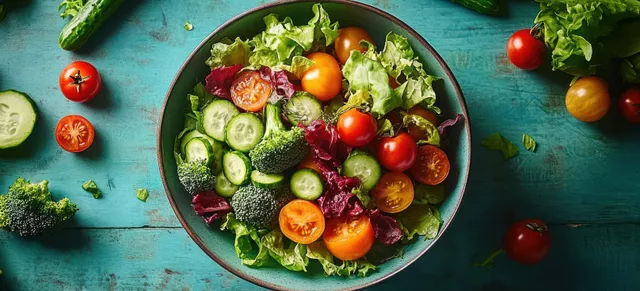 Fresh mixed salad bowl with lettuce, cherry tomatoes, cucumber, and broccoli on rustic blue wood