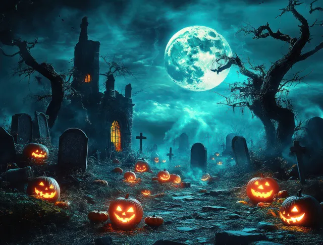 Haunted graveyard at full moon with twisted trees, tombstones, and glowing jack-o-lanterns
