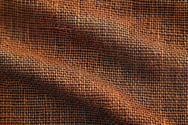 Close-up of brown burlap fabric with visible woven fibers and rough natural texture.
