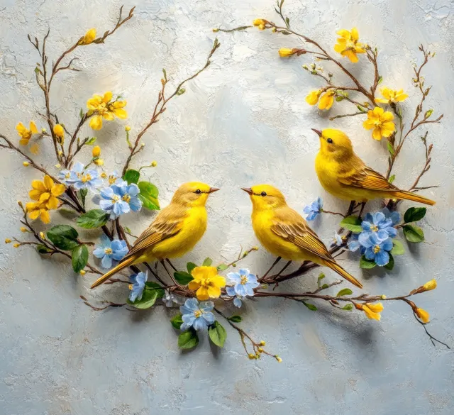 Two yellow birds perched on flowering twigs with blue and yellow blossoms on a textured background.