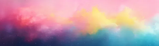 Watercolor sunset sky with soft cloud puffs and rainbow gradients spanning pink, blue, green, and yellow.