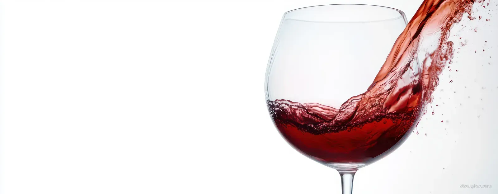 Red wine splashes as it pours into a clear stemmed glass against a white background.