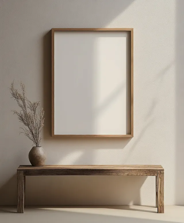 A blank canvas in a wooden frame hangs above a shelf with soft daylight shadows on a pale wall.