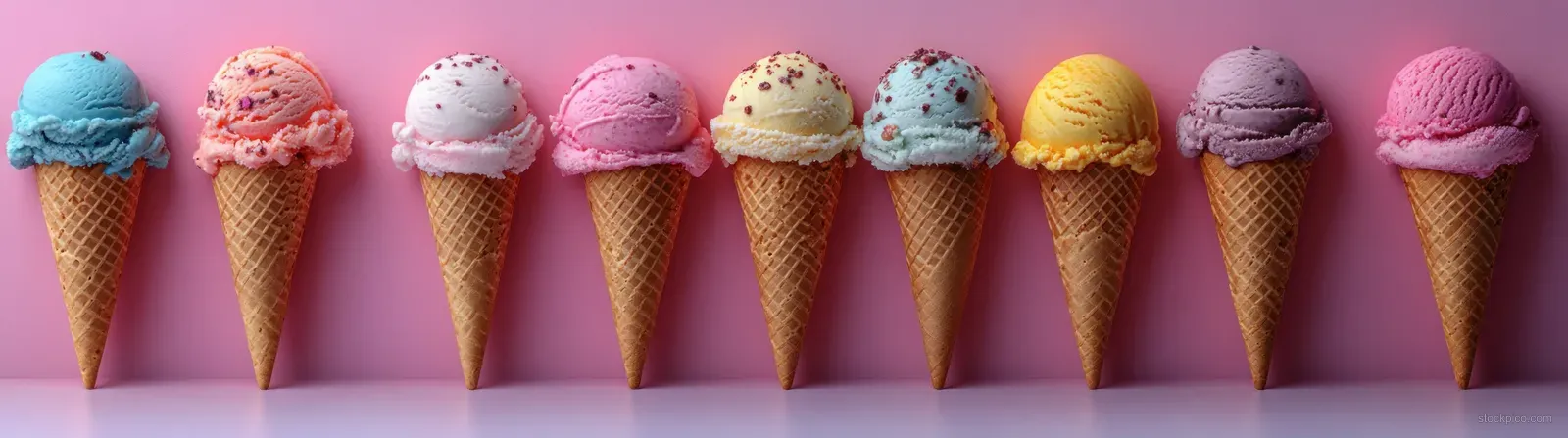 Colorful ice cream cones with different flavored scoops and sprinkles arranged in a symmetrical row.