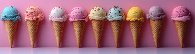 Colorful ice cream cones in a symmetrical row with varied scoops and sprinkles