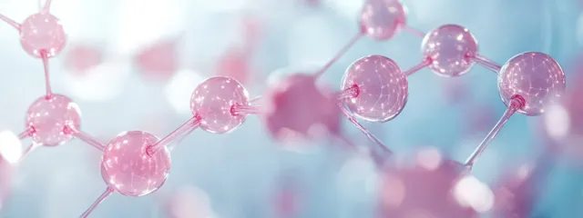 Pink molecular spheres connected in a glowing pastel background, suggesting collagen and hyaluronic acid serum.