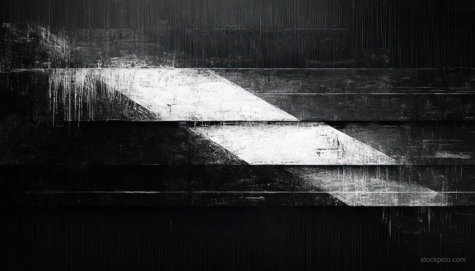 Abstract black and white geometric shapes with distressed texture and diagonal light streaks.
