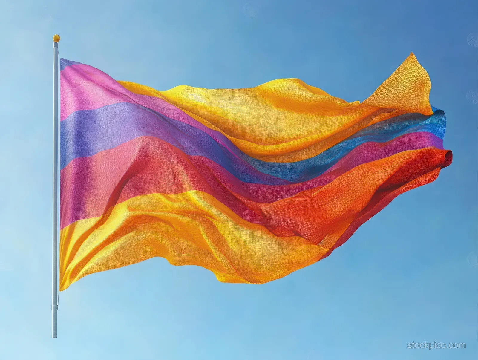 An intersex inclusive pride progress flag waves in bright daylight against a clear blue sky.