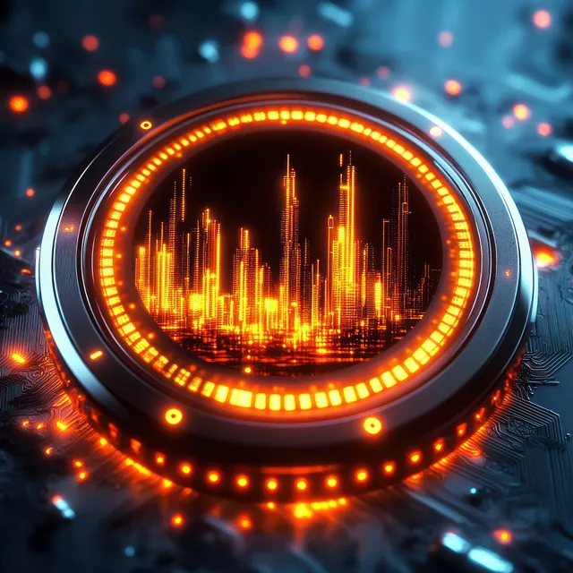A neon orange city skyline glows inside a circular interface over an intricate circuitry background.