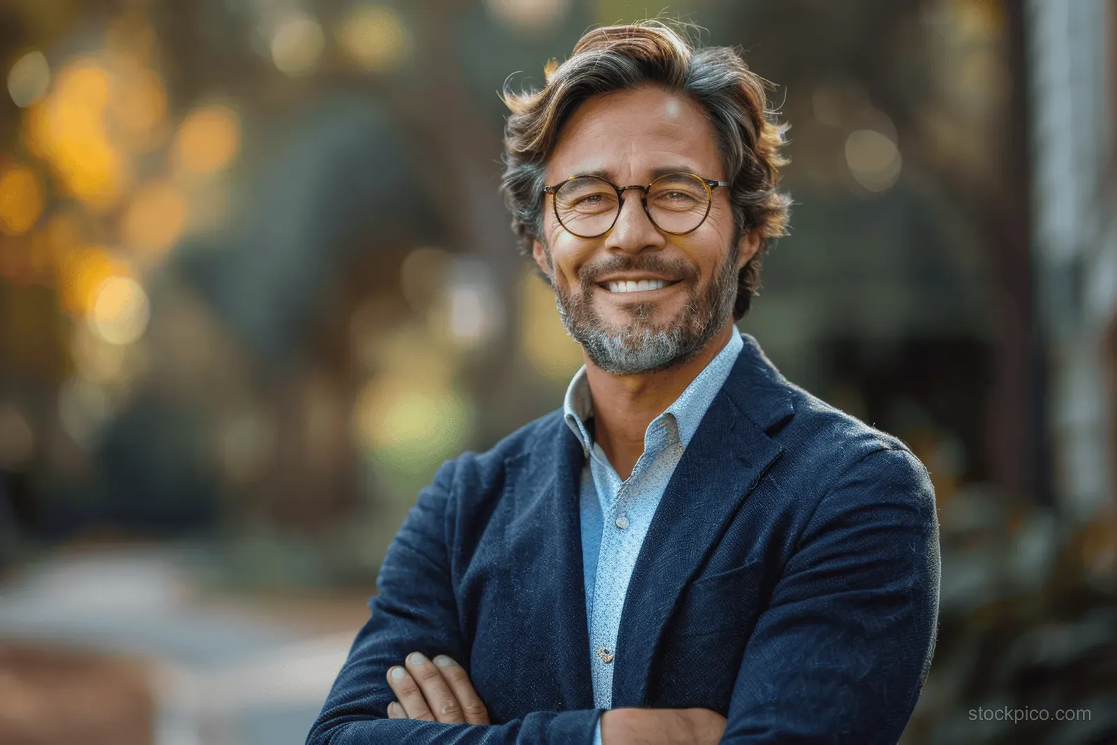 Young businessman in glasses and blazer stands on a sunny city street with arms crossed, smiling at the camera.