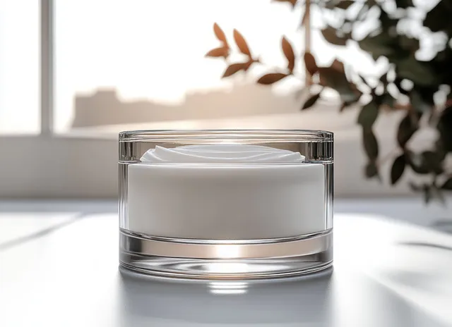 Transparent glass jar filled with white cream on a smooth surface with soft daylight and blurred greenery behind.