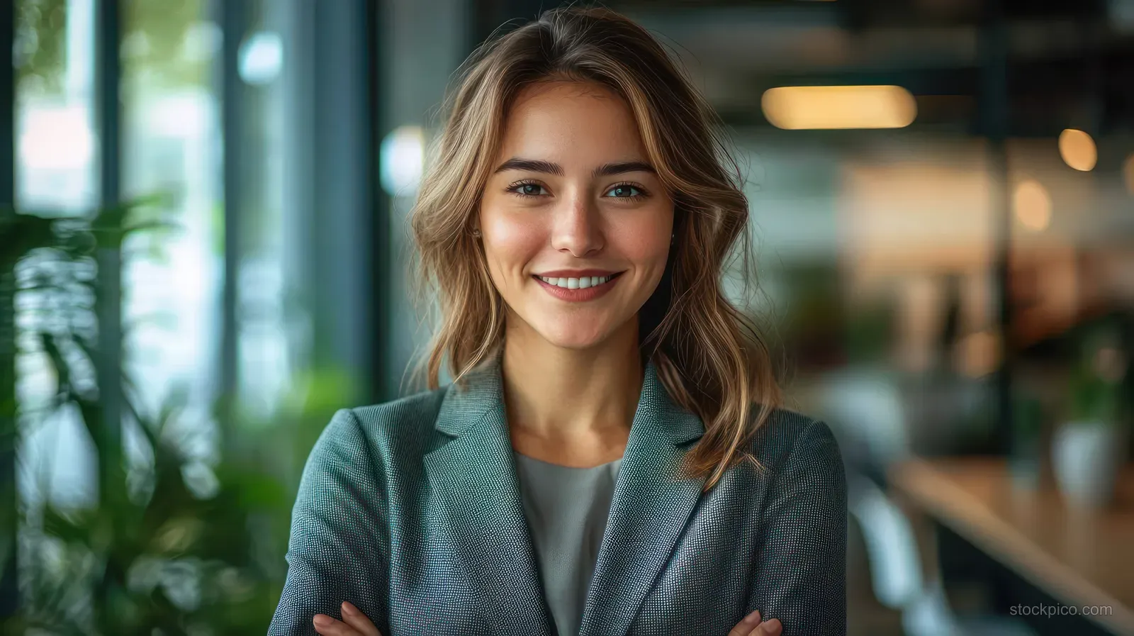 Smiling businesswoman with crossed arms stands in a modern office with blurred greenery and warm lighting.