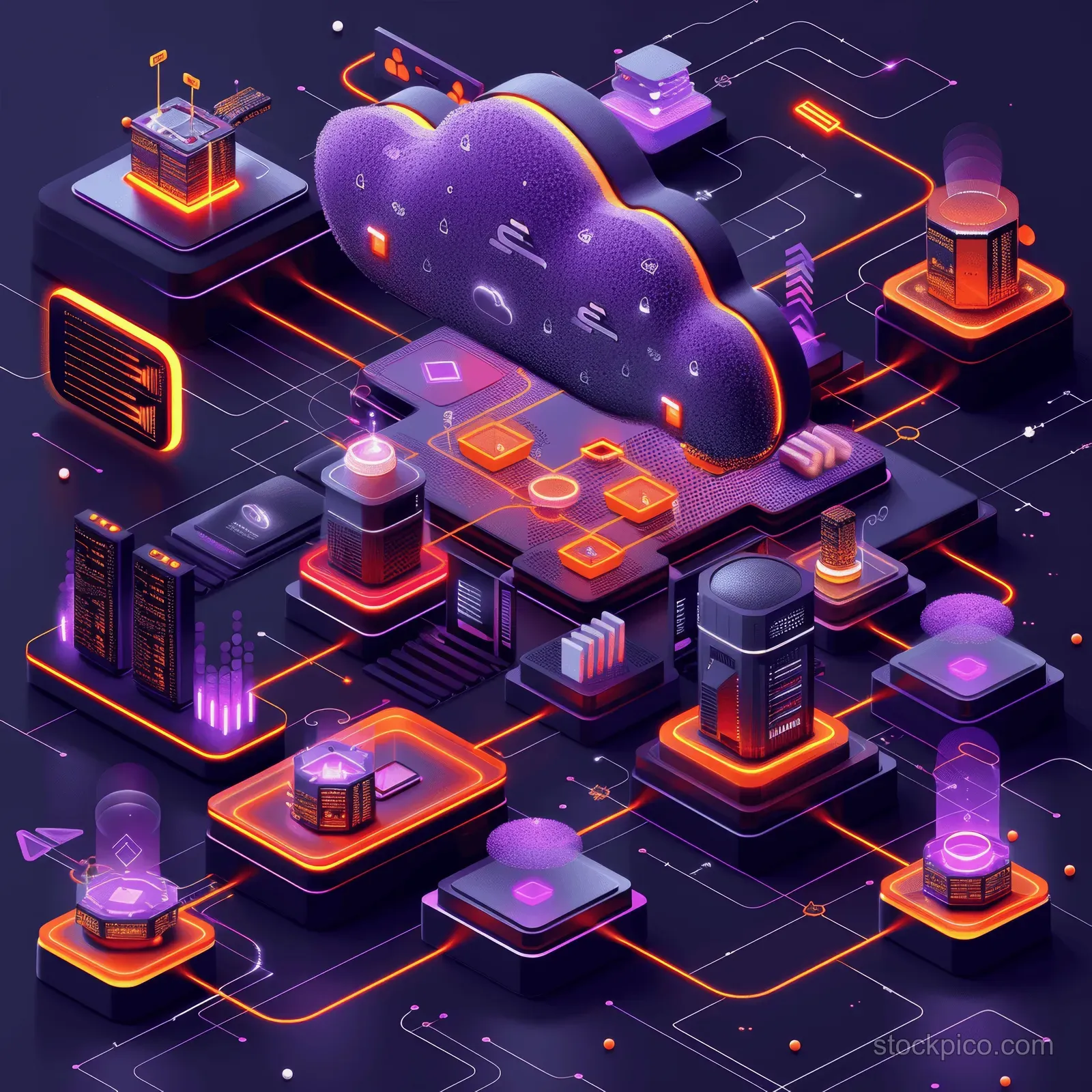 Isometric cloud data center with glowing servers and connected nodes on a dark background.