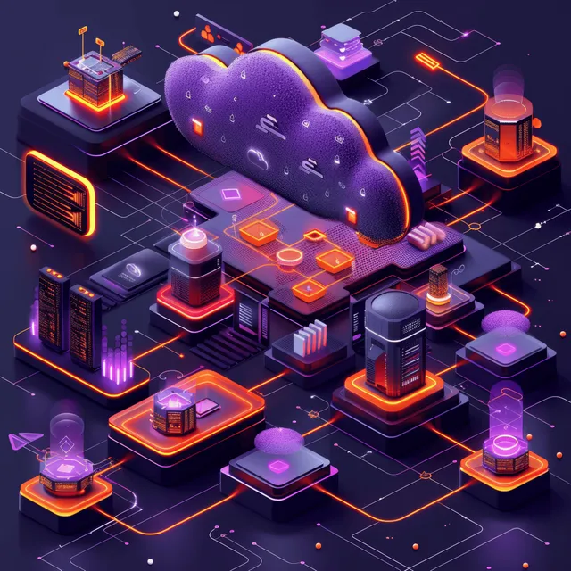 Isometric Cloud Data Center with Glowing Servers and Network Links with Digital Transformation