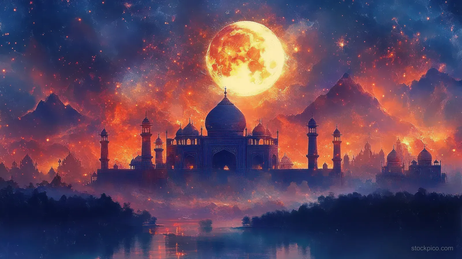 Ornate palace domes and minarets silhouetted under a glowing full moon with fiery misty clouds reflected in still water.