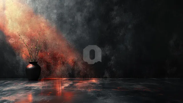 A dark textured wall and glossy reflective floor create a moody still life with smoky red light.