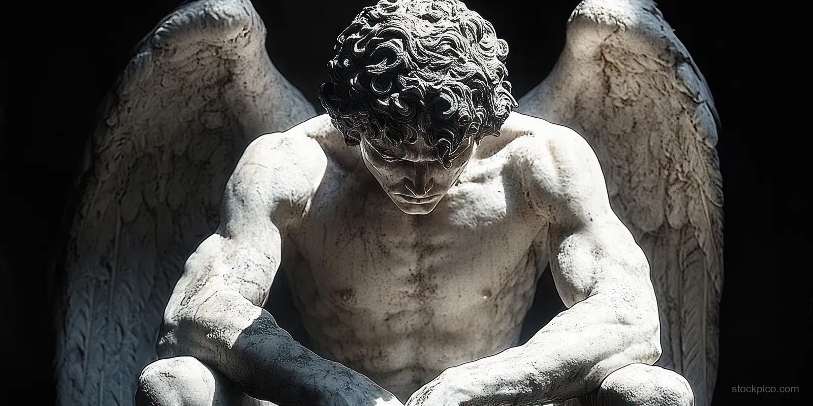 A white marble muscular angel statue with large wings sits in a contemplative pose, head bowed under dramatic lighting.