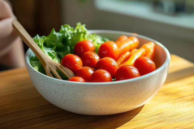 Close-up of a ceramic bowl of cherry tomato, carrot, and lettuce salad on a wooden table with a wooden fork.