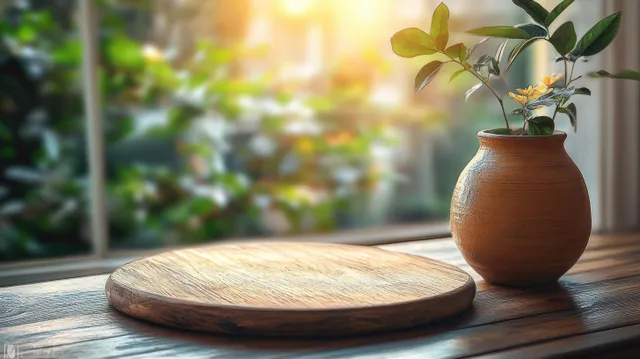 Wooden cutting board and rustic clay vase with leafy stems on a table in warm sunlight through a blurred window.