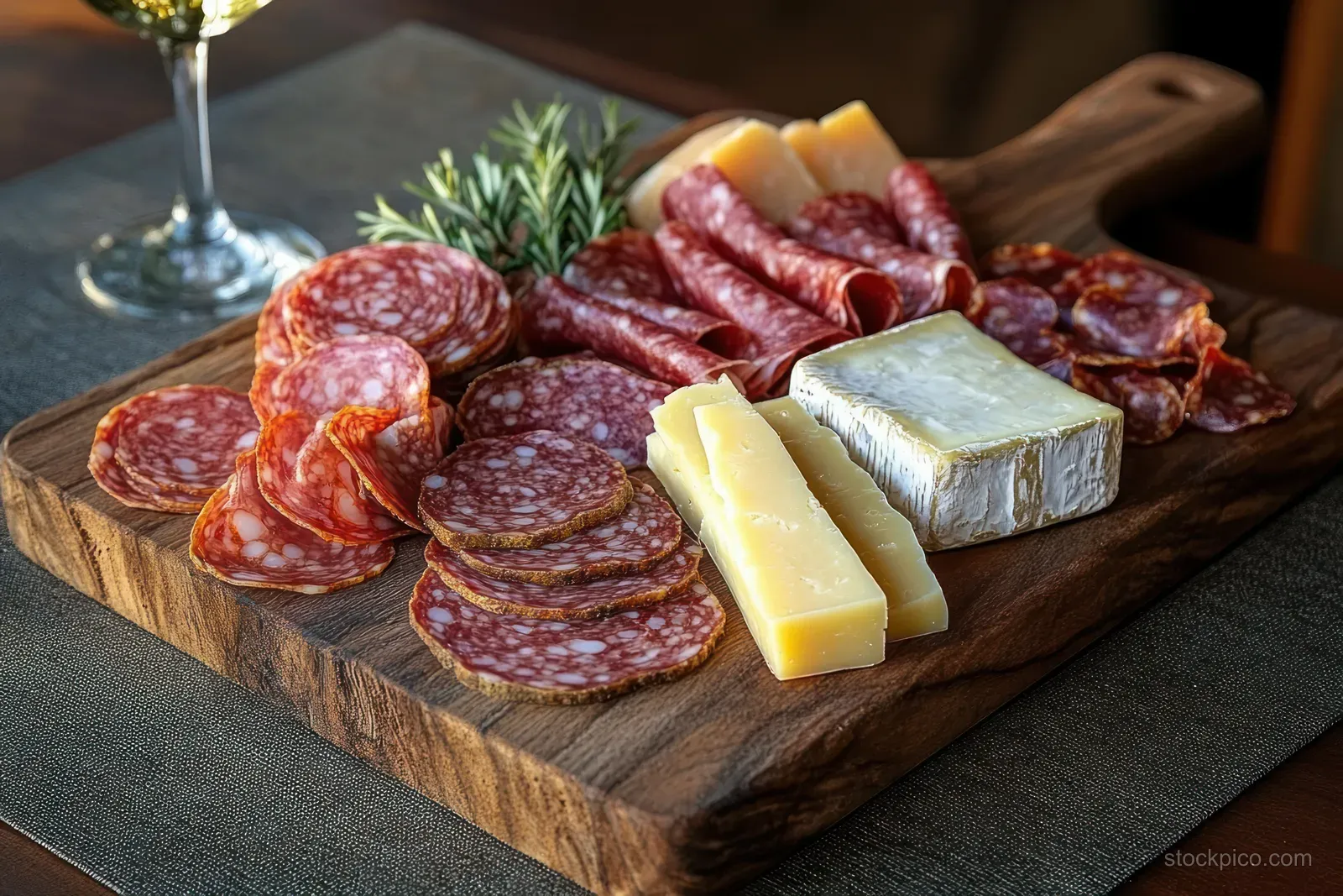 Rustic charcuterie board with sliced cured meats and cheese garnished with rosemary, next to a blurred white wine glass.