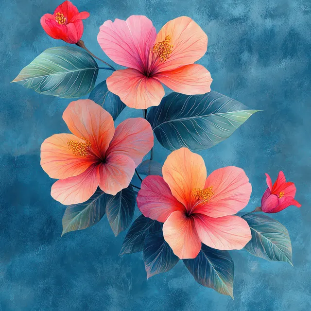 Watercolor hibiscus flowers with turquoise background, layered leaves and soft brush texture