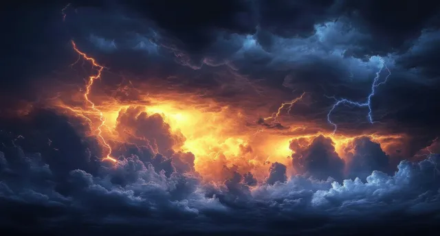Lightning bolts illuminate a stormy dusk sky filled with turbulent, overcast clouds.