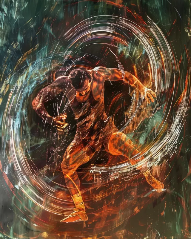 A grappling wrestler is surrounded by swirling orange and green light trails in an abstract motion artwork.