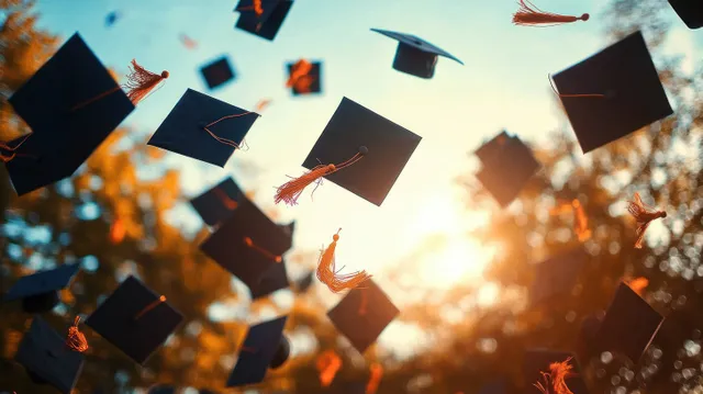Graduation caps with orange tassels thrown into sunset sky, blurred trees behind them
