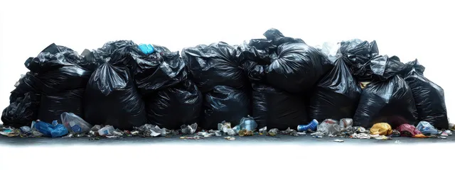 A pile of tightly packed black garbage bags with scattered plastic and paper trash on a white background.