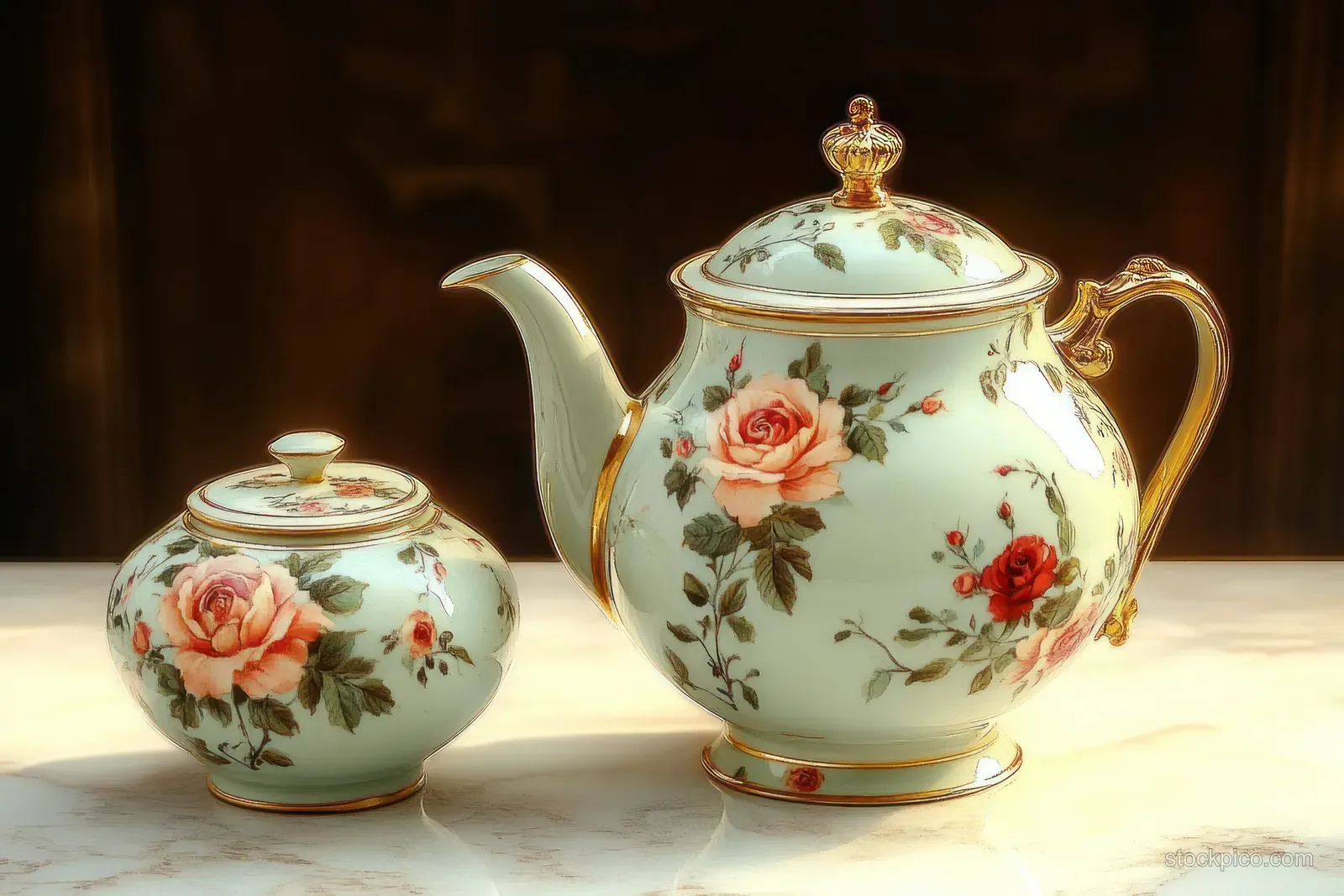 Porcelain teapot and sugar bowl with rose floral designs and gold accents on a marble surface under warm lighting.